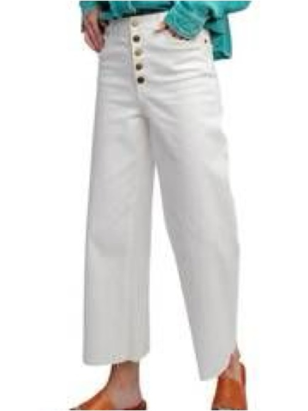 Zara Sailor Gold Button Wide Leg Cropped White Jeans Size 2